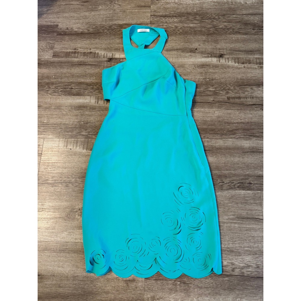 Gianni Versace Halter Dress Laser Cut Silk Lined IT 40 US 4 Turquoise Blue Good